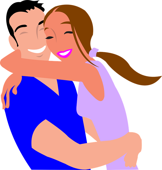 Cartoon man and woman hug
